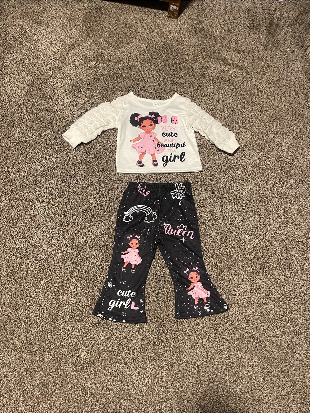 Girls Pink & White Cute Girl Matching Set - Long Sleeve Top & Pants